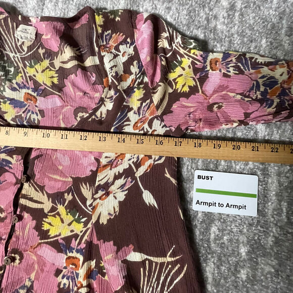 O'neill Blouse Women Size S Boho Pink Brown Yellow‎ Button Front Swing Hem - Picture 9 of 12